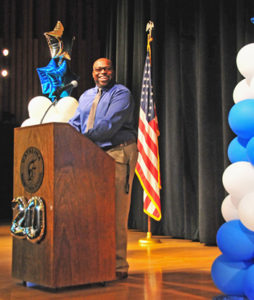 Principal Antasio Holley opening the awards taping